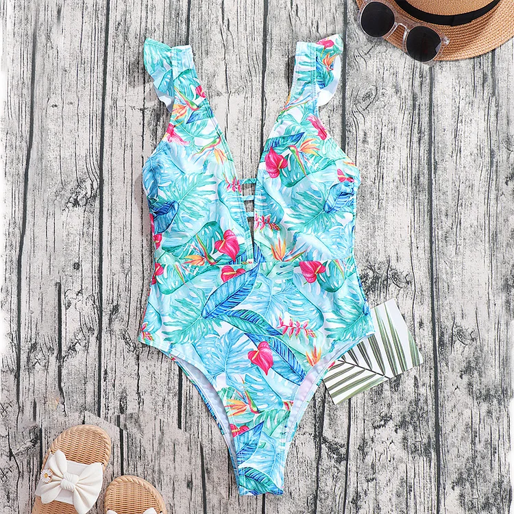 Flaxmaker Printed Ruffle One-piece Swimsuit