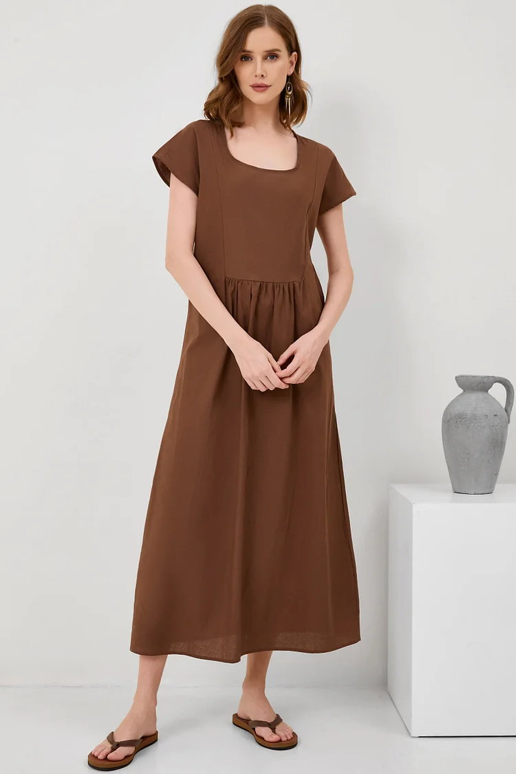Short Sleeve Mid Length Cotton Linen Dress[ Pre Order ]