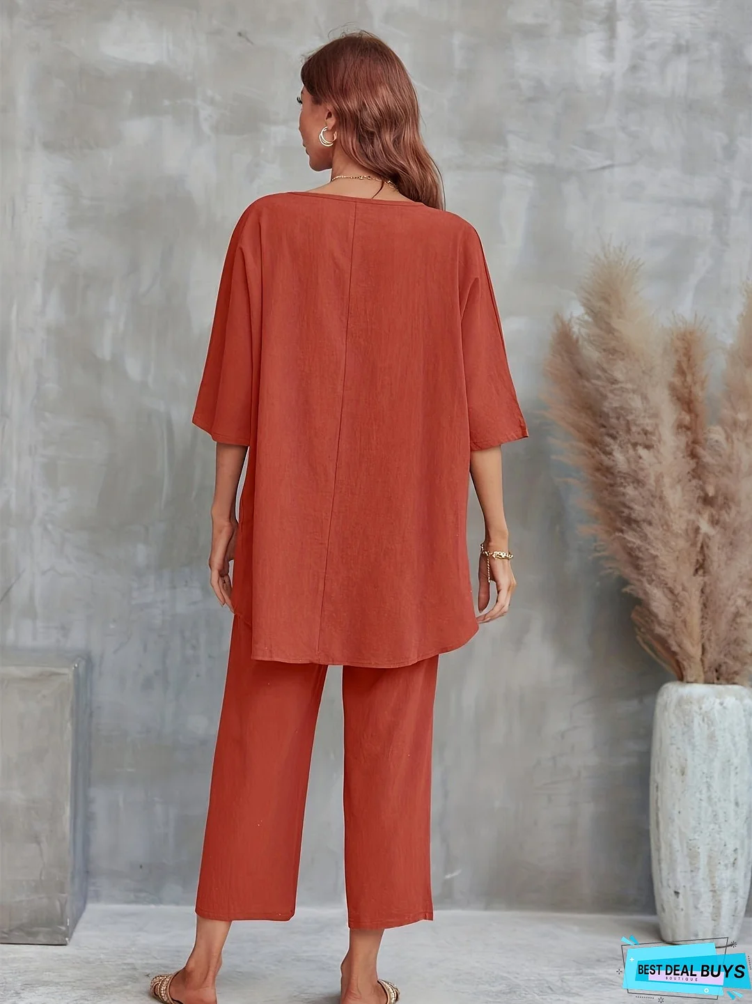 Solid Casual Two-piece Set, Crew Neck Half Sleeve Tee & Wide Leg Pants Outfits, Women's Clothing