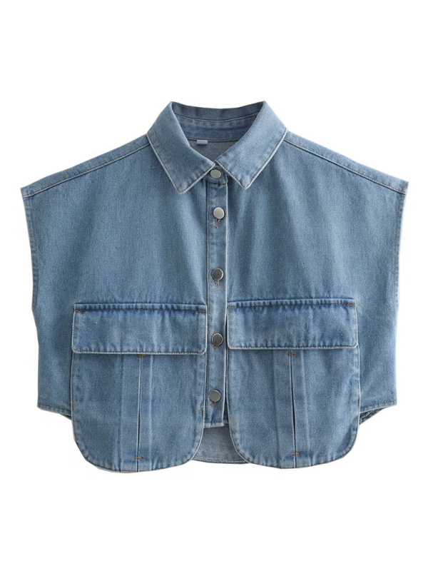 Mature Women Fashion Solid Color Big Pocket Sleeveless Lapel Shirt Denim Top
