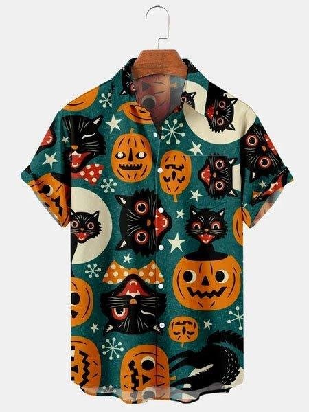 Men's Casual Halloween Pumpkin Cat Print Shirt
