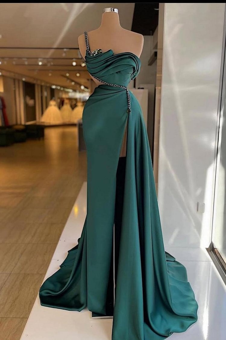 Lussooy One Shoulder Sleeveless Split Mermaid Prom Dress With Beading 