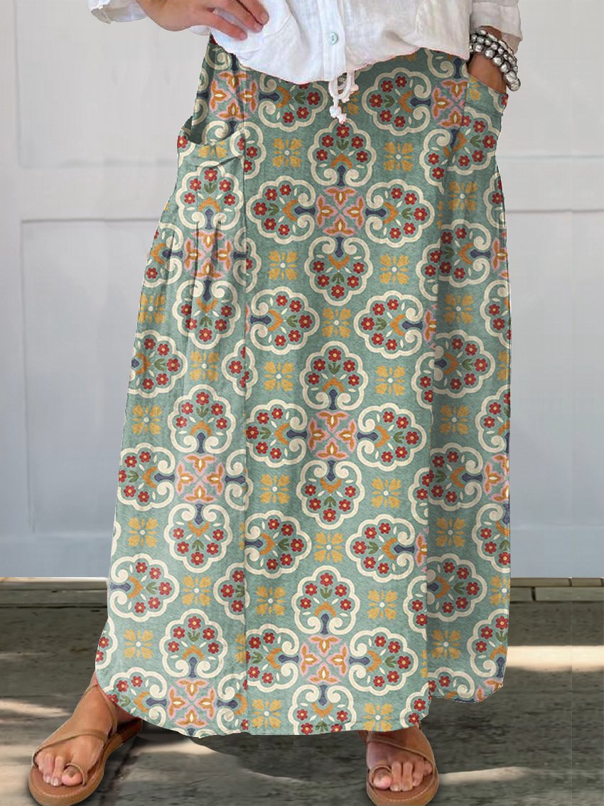 Women's Retro Art Print  Linen Pocket Skirt