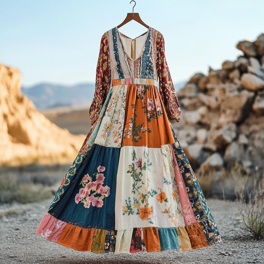 Women's Vintage Bohemian Applique Art Cotton And Linen Dress