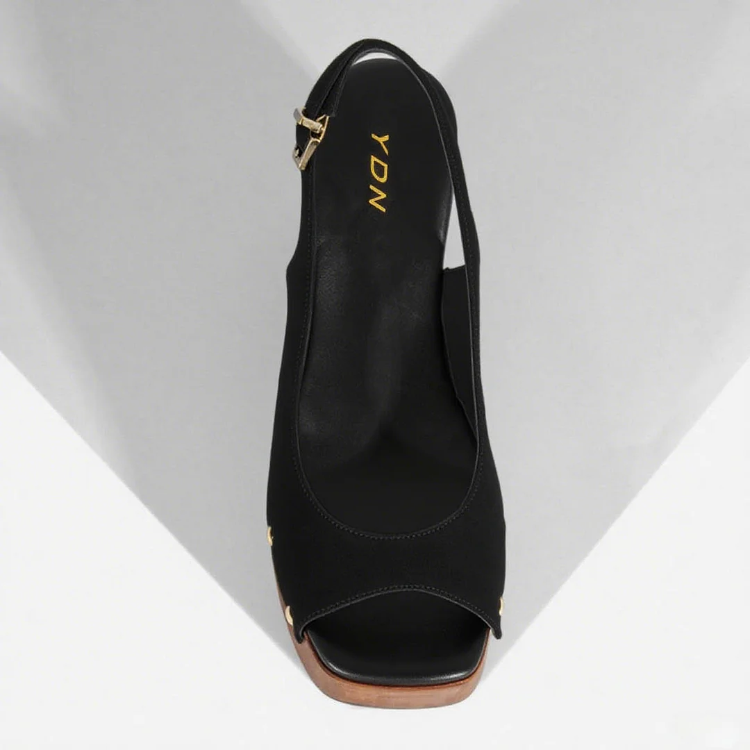Black Peep Toe Block Heel Studded Platform Sandals for Women