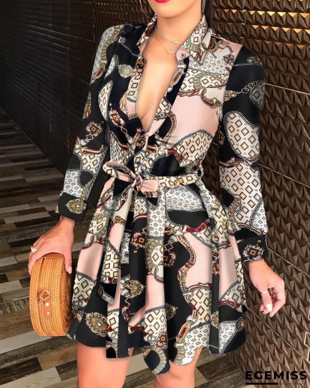 Autumn and Winter New Long Sleeve V-neck Bandage Fashion Sexy Printed Dress | EGEMISS