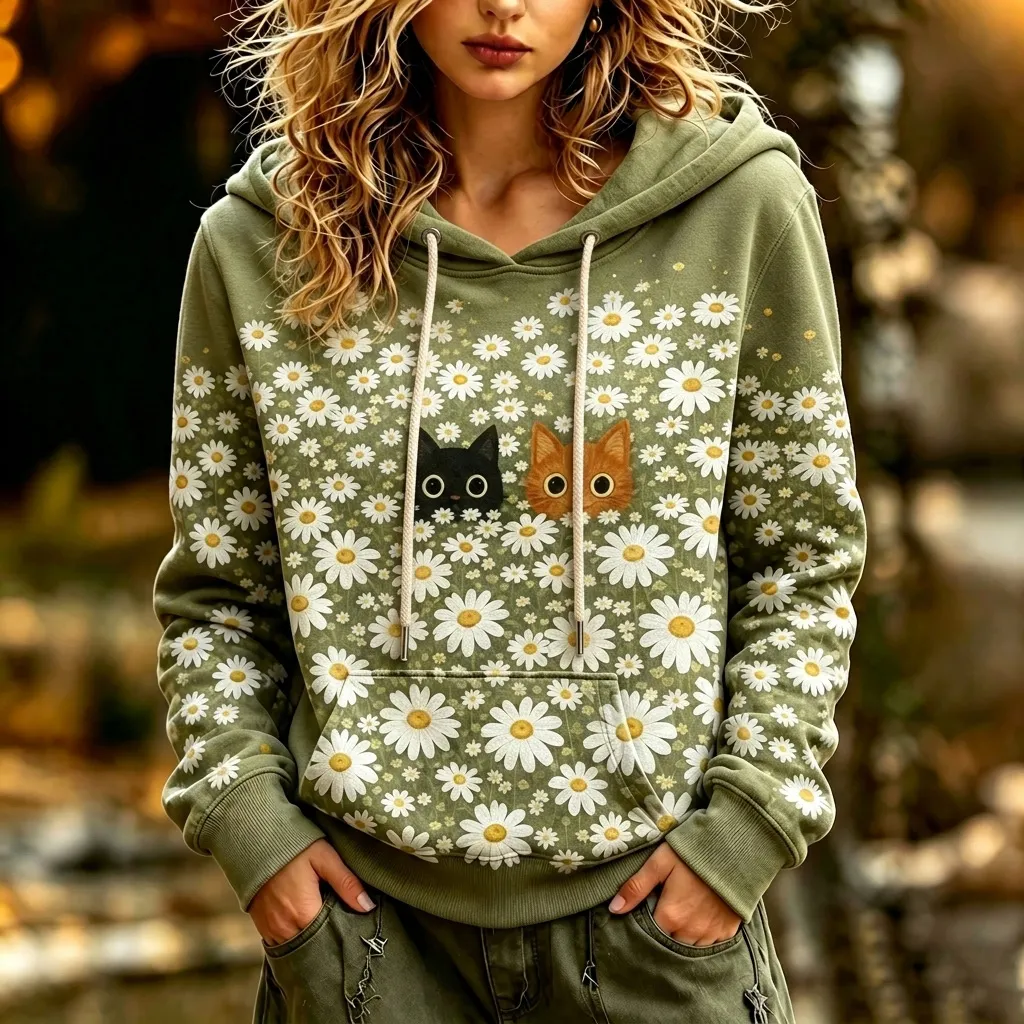 Comstylish Women's Retro Bohemian Cat And Floral Print Hoodie