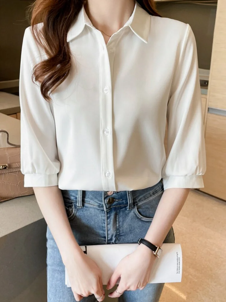 uveng Women Shirt Three Quarter Sleeve Blouses for Women Satin Blouses and Shirts Summer Fashion Women Clothing White Women Tops