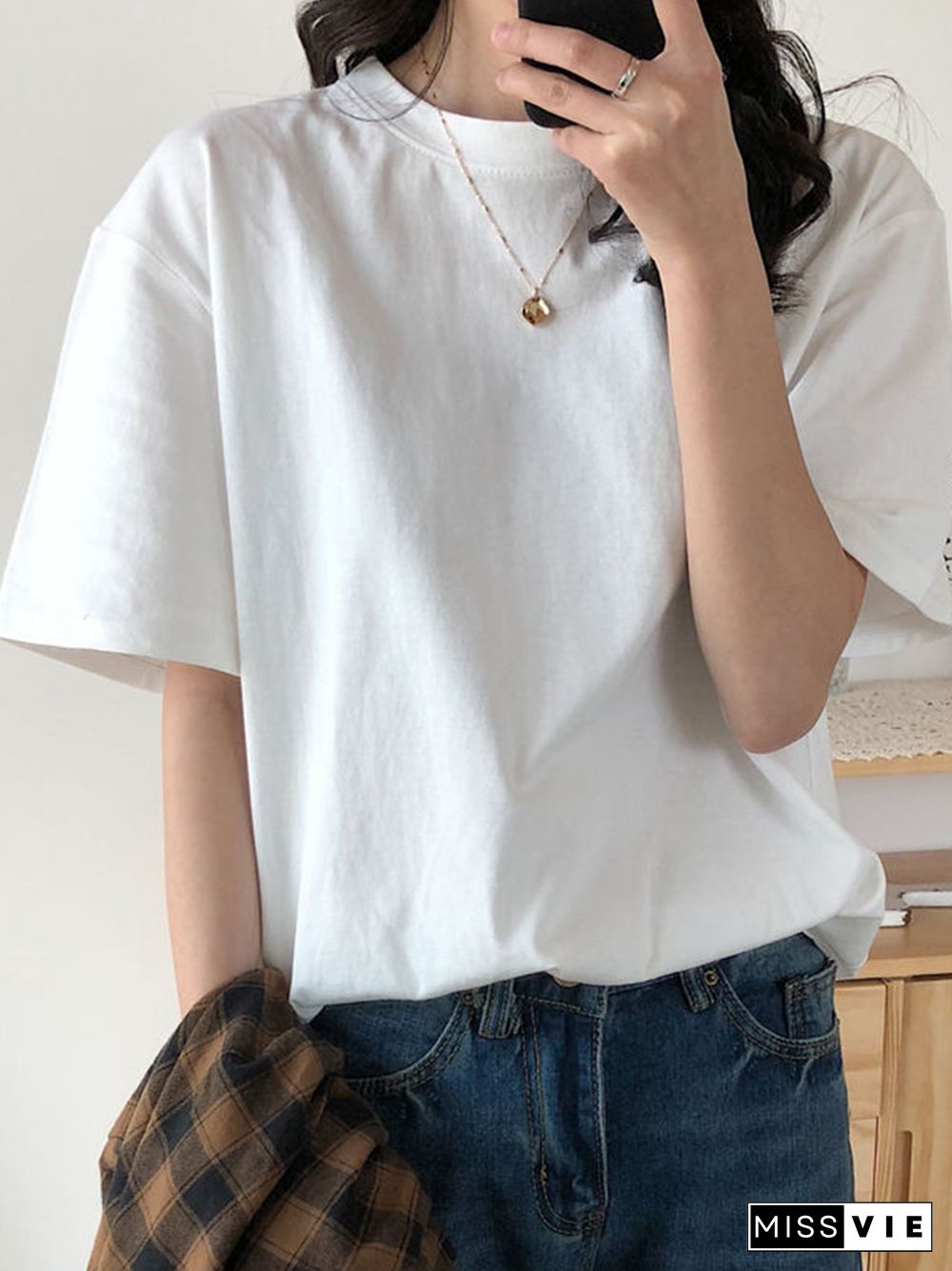 Basic Cotton T Shirt Women Summer New Solid Tees 7 Color Casual Loose Tshirt Korean O Neck Female Tops