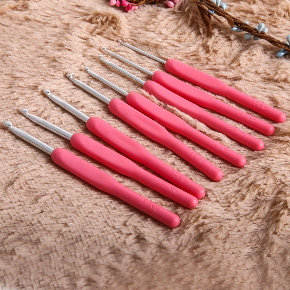 8 tamaños mango de plástico blando casero de aluminio ganchillo tejer aguja aguja rosa