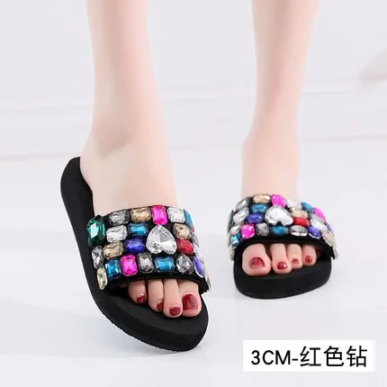 Beach Shoes Women 2019 Summer High Platform Sandals Wedge Flip Flops Slope Handmade Slippers Female Crystal Flower Shoes