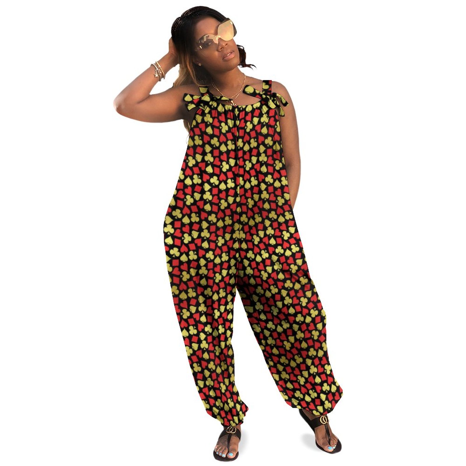 Poker Card Suits Vegas Casino Gambler Red Gold Boho Vintage Loose Overall Corset Jumpsuit Without Top