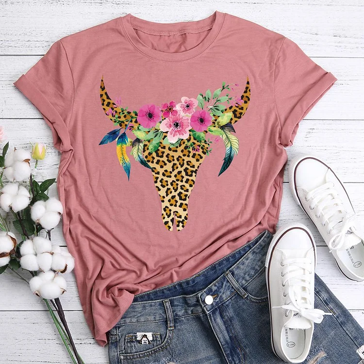 PSL - Leopard cow skull and flowers  T-Shirt Tee05946