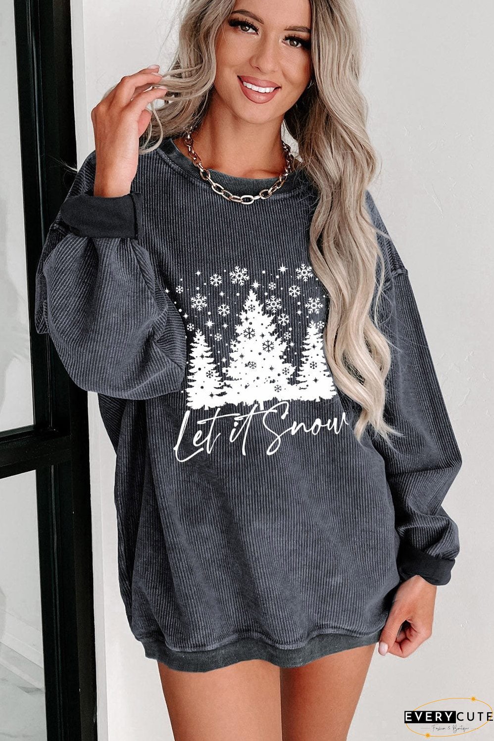 Festive Gray Snowflake Christmas Tree Corded Sweatshirt