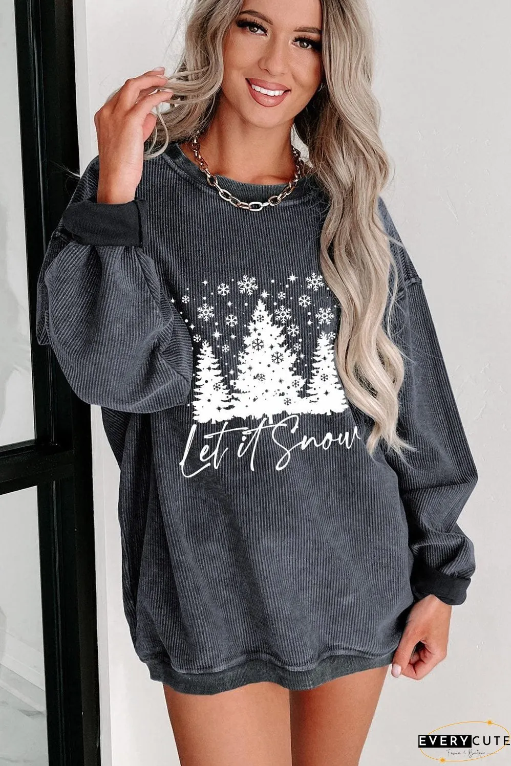 Festive Gray Snowflake Christmas Tree Corded Sweatshirt