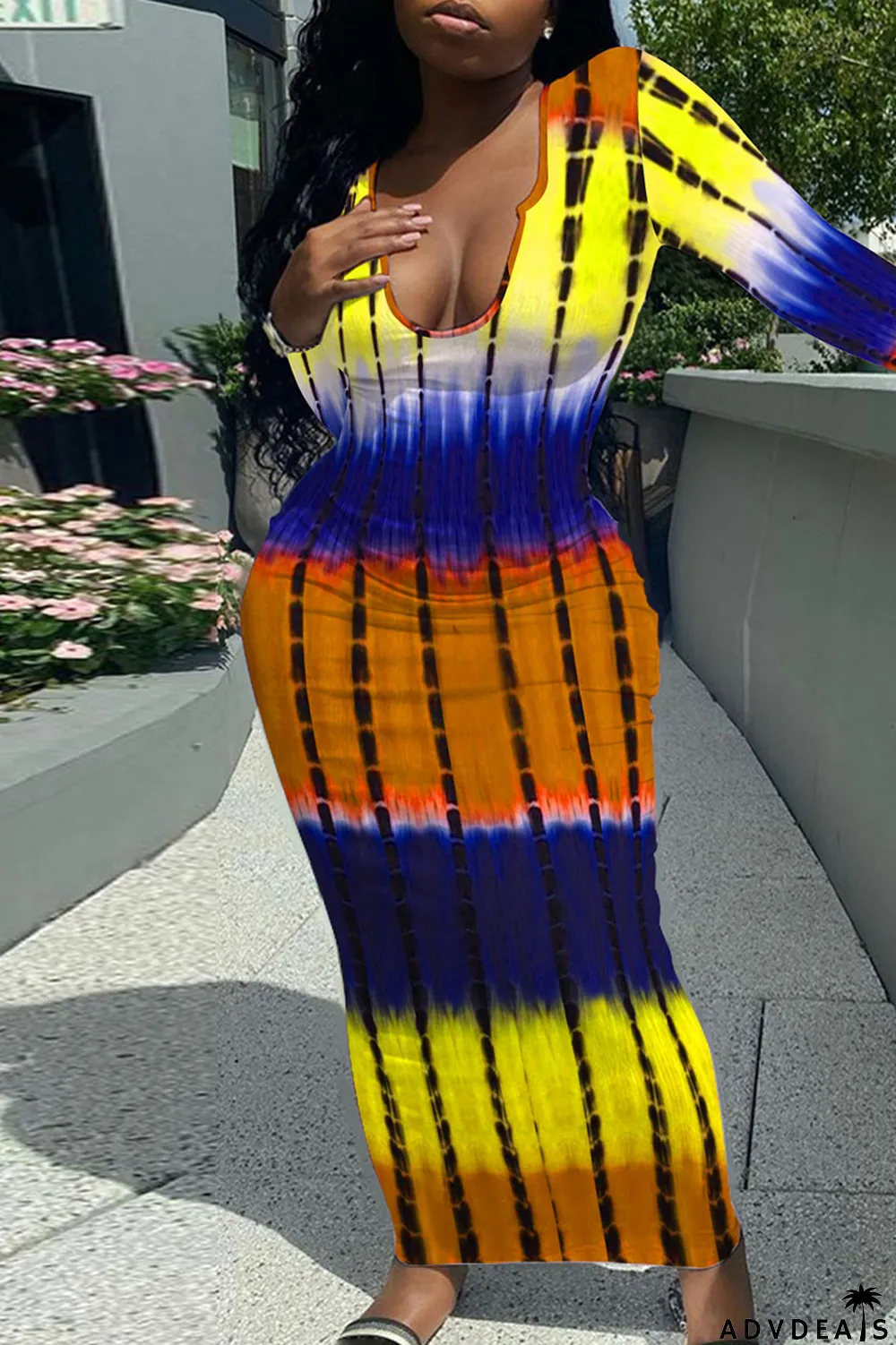 Yellow Casual Print Patchwork U Neck One Step Skirt Dresses