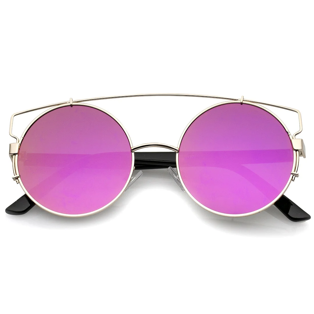 Midsize Metal Frame Horn Rimmed Crossbar Mirror Flat Lens Round glasses 53mm