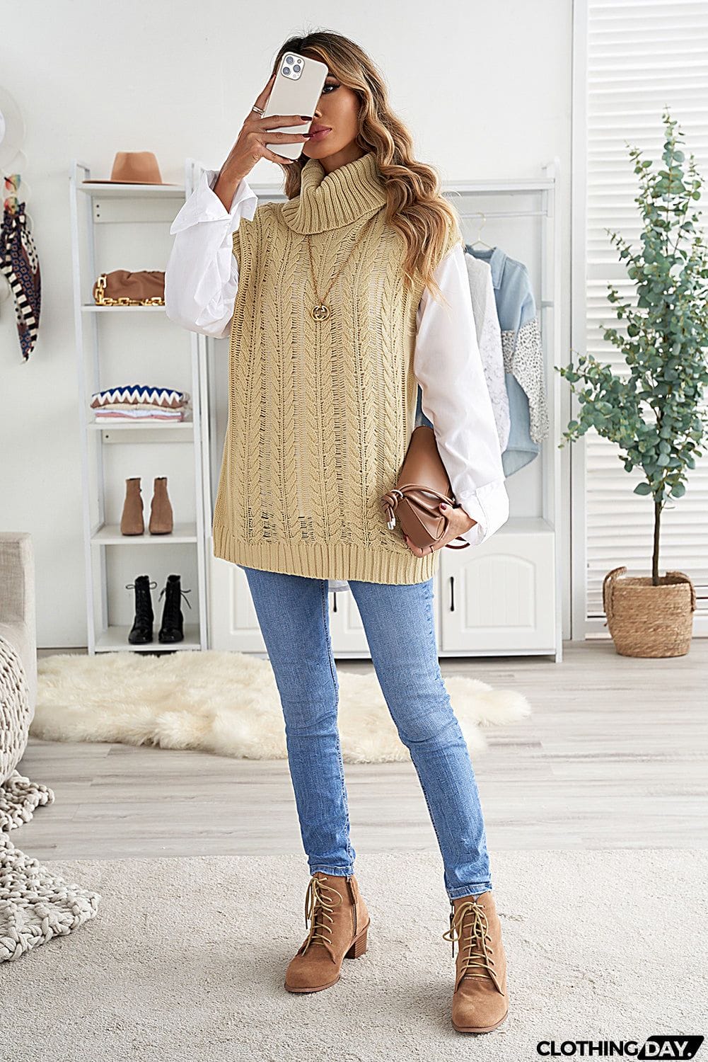 Casual Khaki Turtleneck Braided Knitted Vest