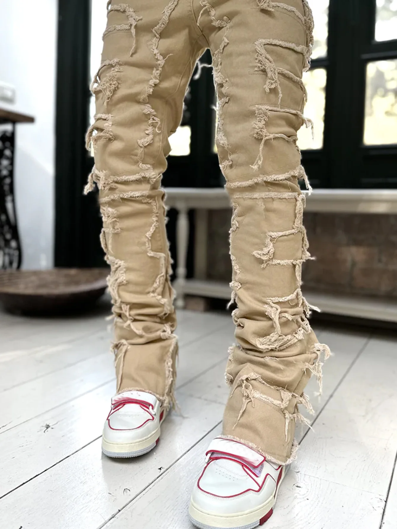 Midiset Spliced Distressed Denim Pants Men Jeans Ripped Mid Waist Pockets High Street Jean Skinny Washed Ankle Length Pencil Pants 2025