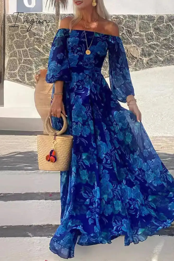 Ingvn - Sexy Vintage Print Flowers Patchwork Off The Shoulder A Line Dresses Blue / S
