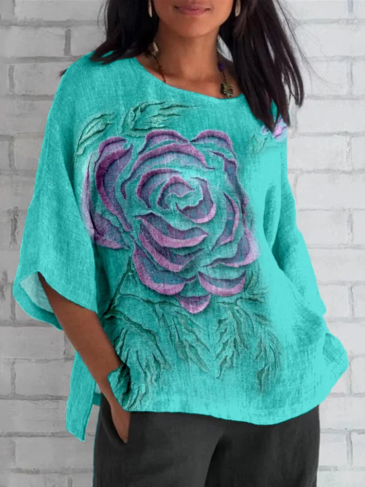 Felt Pink Rose Pattern Linen Blend Cozy Tunic