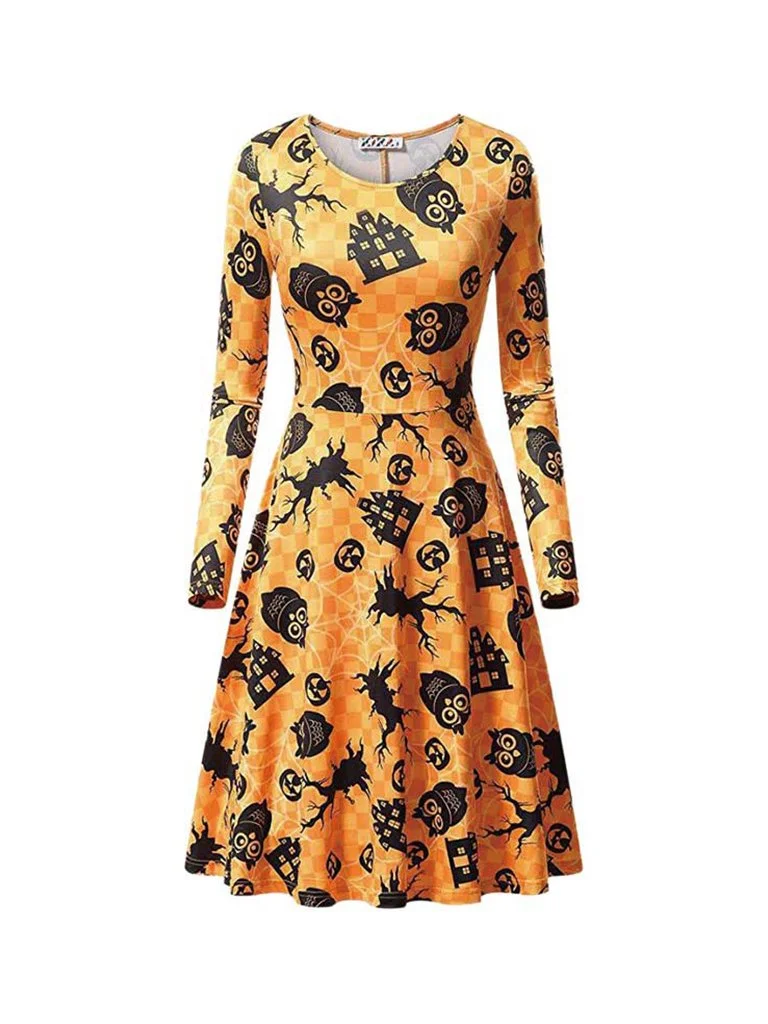 Halloween Costume Dress Pumpkin Print Long Sleeve Knee-length Dress