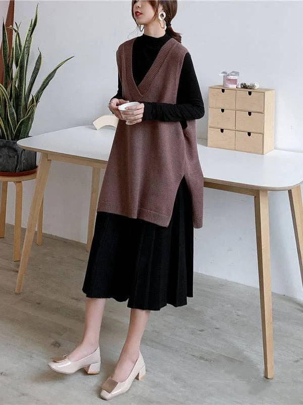 Trendy Sleeveless Split-Side Solid Color V-Neck Knitted Vest | IFYHOME