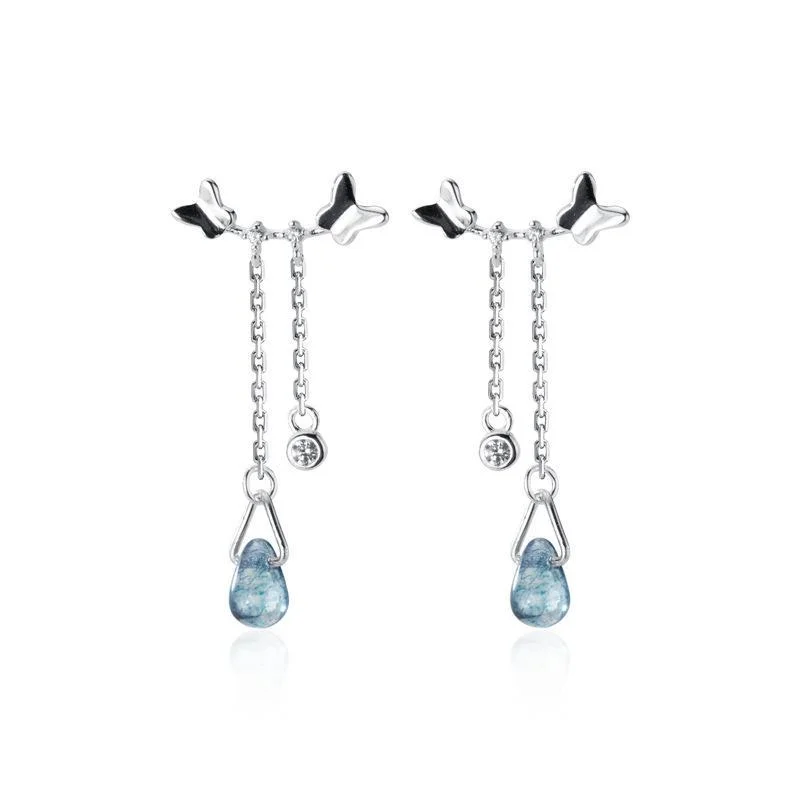 925 Sterling Silver Blue Water Drop Butterfly Earrings