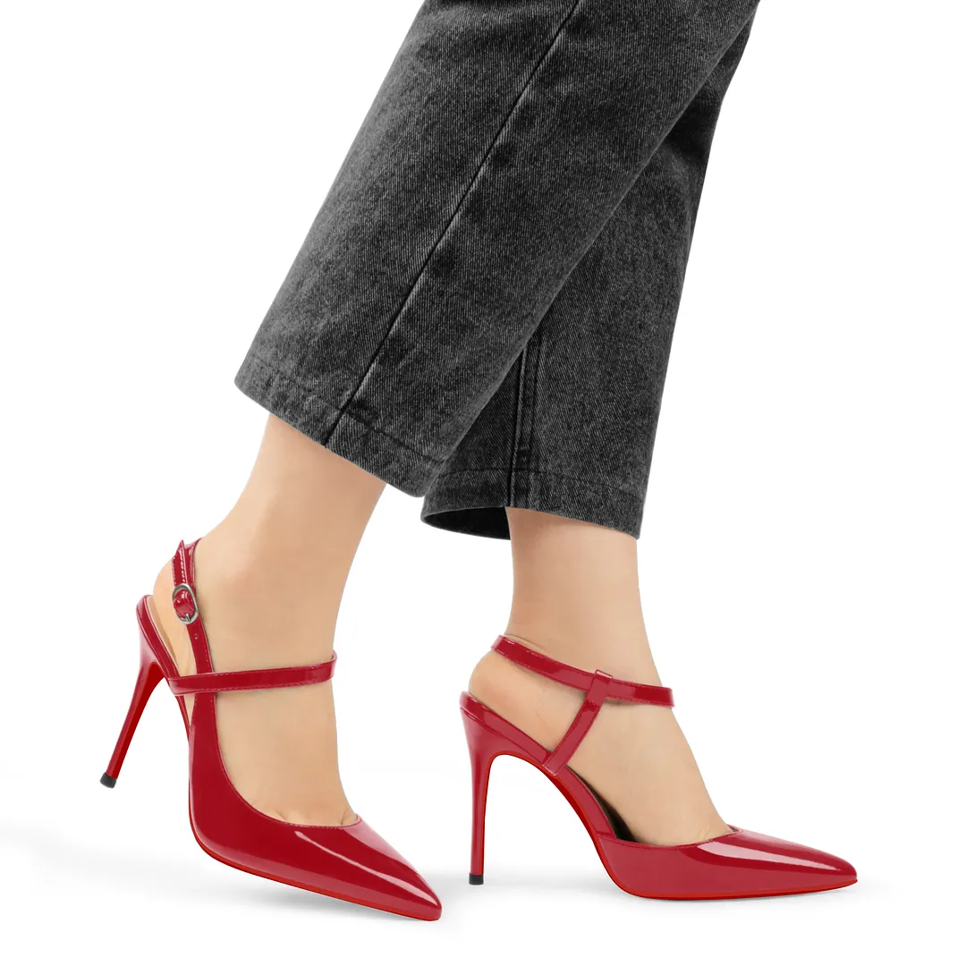 100mm Women Slingback Patent Pumps Ankle Strap Jenlove Stiletto Mid Heel Close Pointed Toe Dress Red Bottoms Shoes