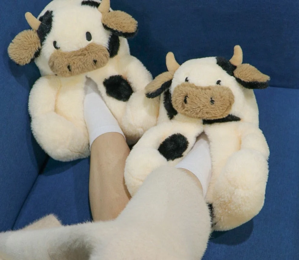 Vstacam Cow Slippers Cute Animal Memory Foam Fuzzy Slippers Funny Stuffed Cute Plush Animal Cow Slides  for Women Men House Shoes