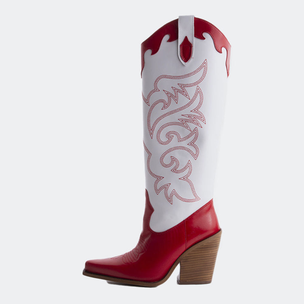 Red & White Embroidered Patchwork Cowgirl Boots with Chunky Heel Nicepairs
