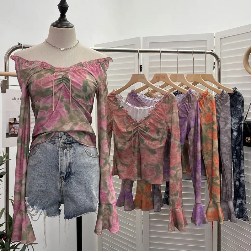 Uveng Vintage Print V-Neck Horn Sleeve Top Wooden Ear Lace With Short-Sleeved Long-Sleeved T-Shirt 9906