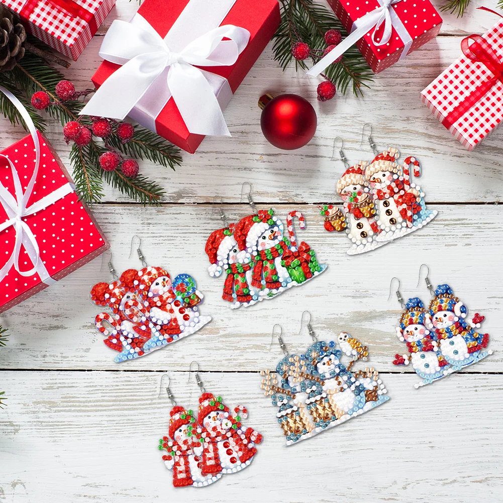 6 Pairs Double Sided Christmas Snowman Diamond Painting Earrings Jewelry