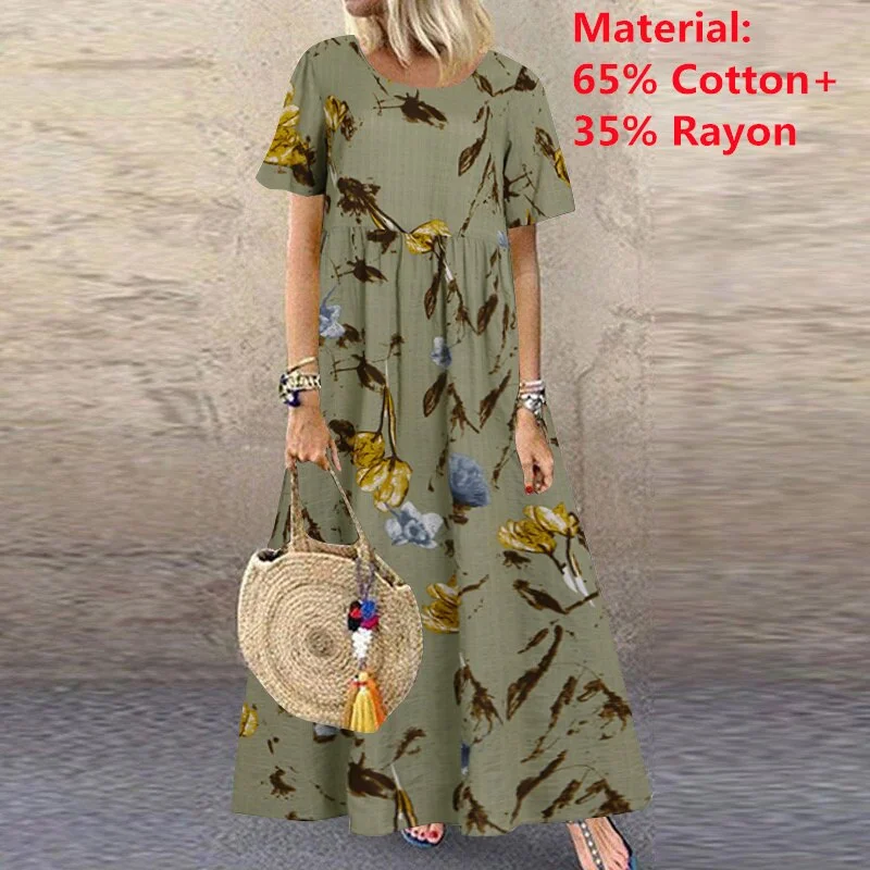 2022 ZANZEA Bohemian Holiday Sundress Summer Women Vintage Floral Printed Short Sleeve Beach Dress Loose Long Vestido Robe Femme