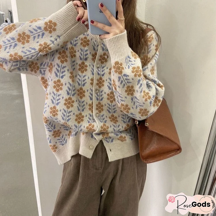 Vintage Print Flowers Harajuku Cardigan Sweater Women Casual Sweet Sweater Outwear Autumn Winter O-Neck Korean Y2K Tops