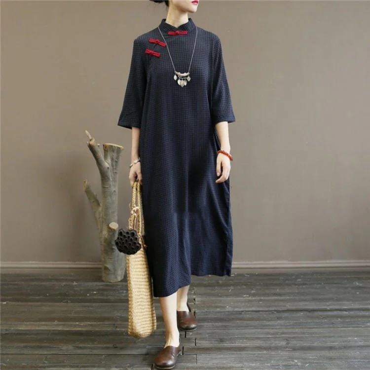 Loose stand collar cotton summer quilting dresses Work Outfits navy plaid Traveling Dress
