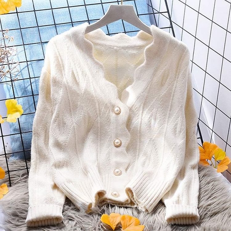 Loose Pure Color V-neck Cardigan Sweater - Modakawa