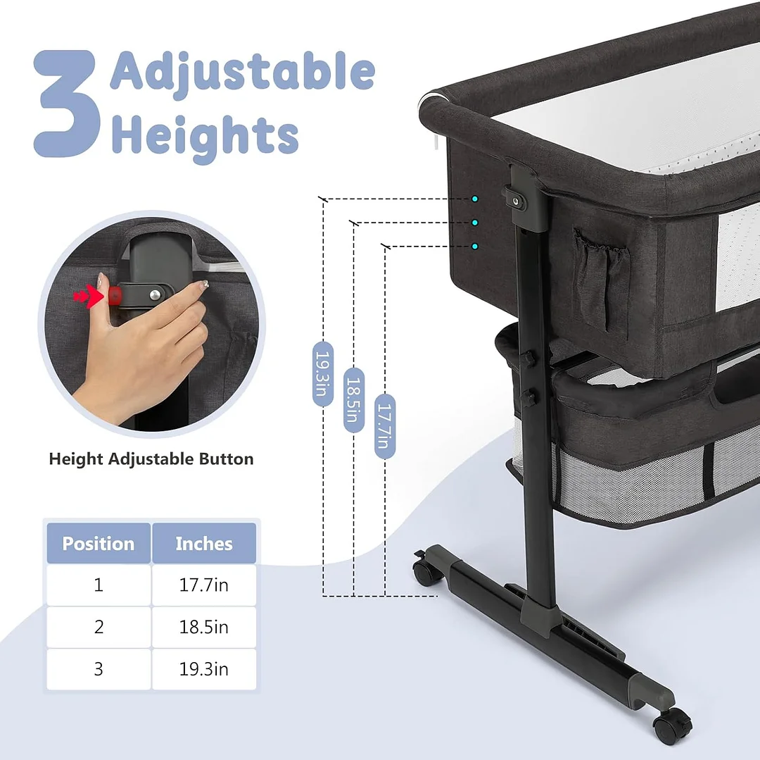 Baby Bassinet, 3 in 1 Bedside Bassinets for Baby, Bassinet Bedside Sleeper with Wheels, Adjustable Height with Rocking Mode, Breathable Mesh, Storage Basket, Easy Assemble & Folding (Dark Gray)