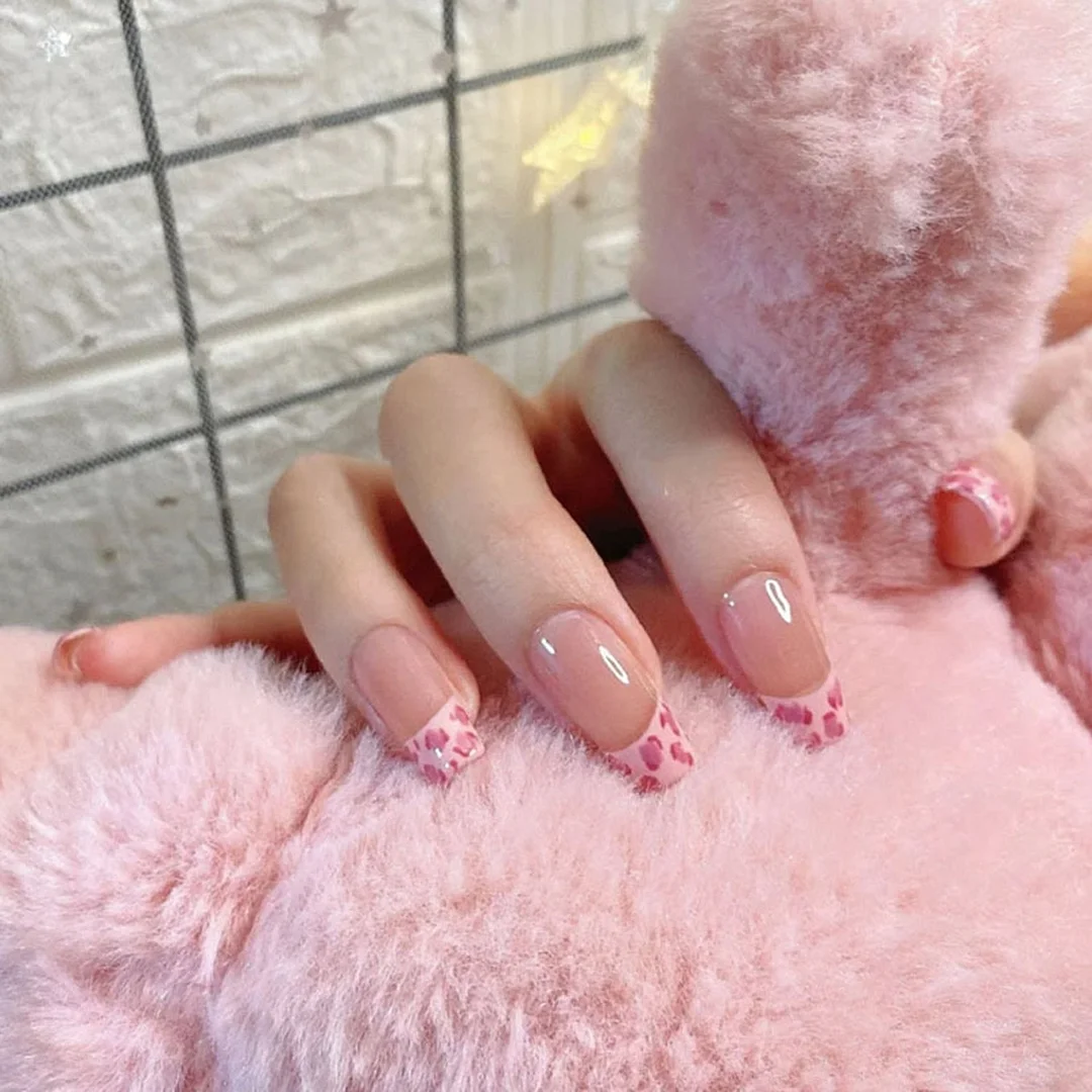 24pcs Pink Leopard Ballerina False Nails Wearable Detachable Artificial Fake Nails Full Cover Press On Nail Tips Women Fashion