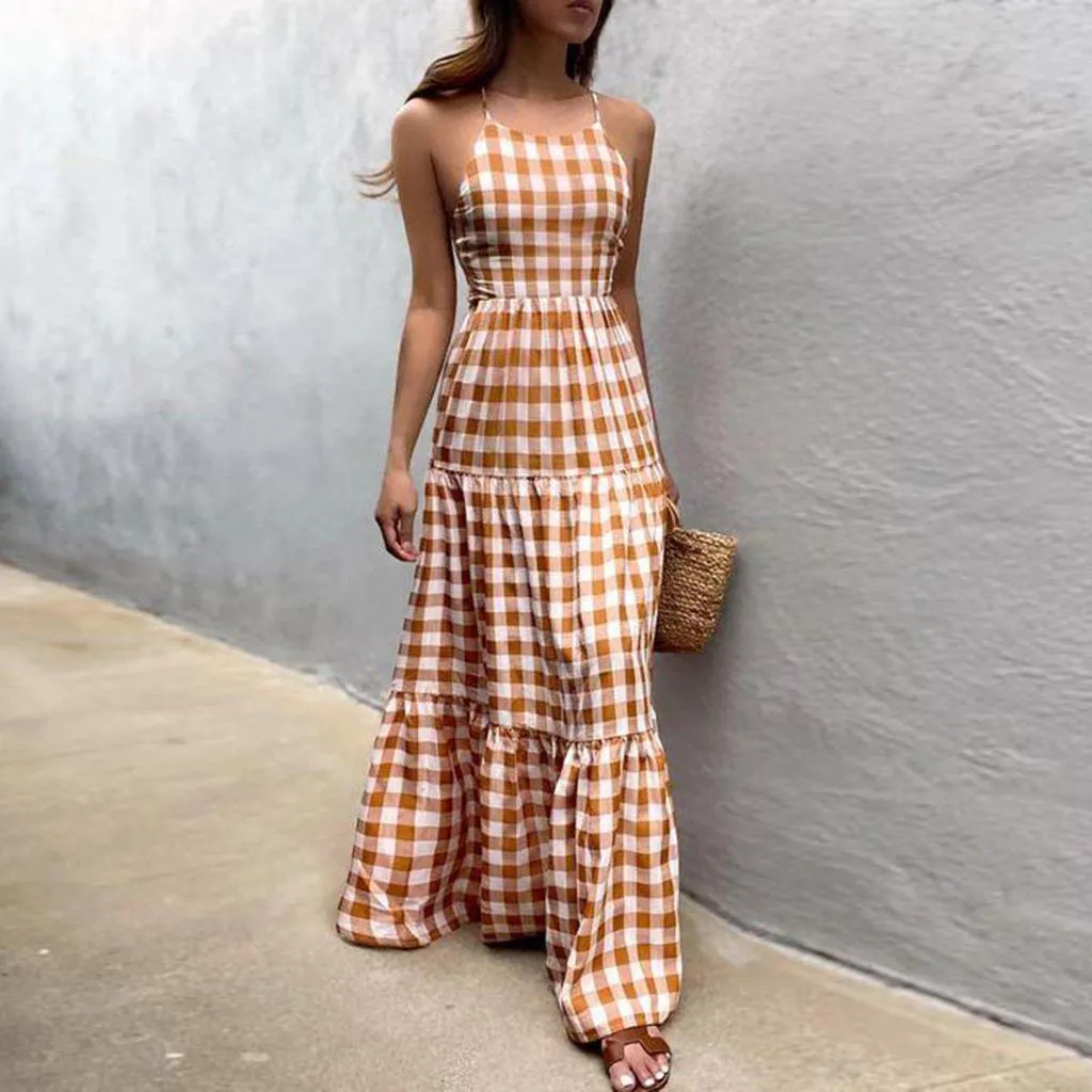Stylish Plaid Print Sleeveless Maxi Dress-vocosishoes