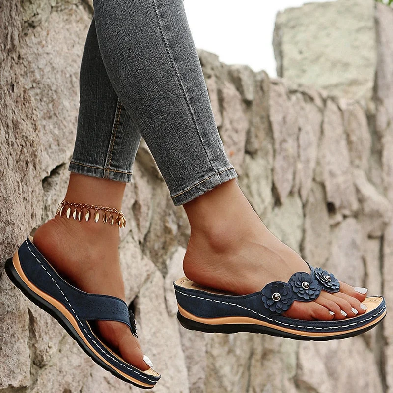 Vstacam Graduation Woman Slippers 2022 Summer Flower Women Vintage Flip Flop Ladies Wedges Comfortable Casual Shoes Female Sewing
