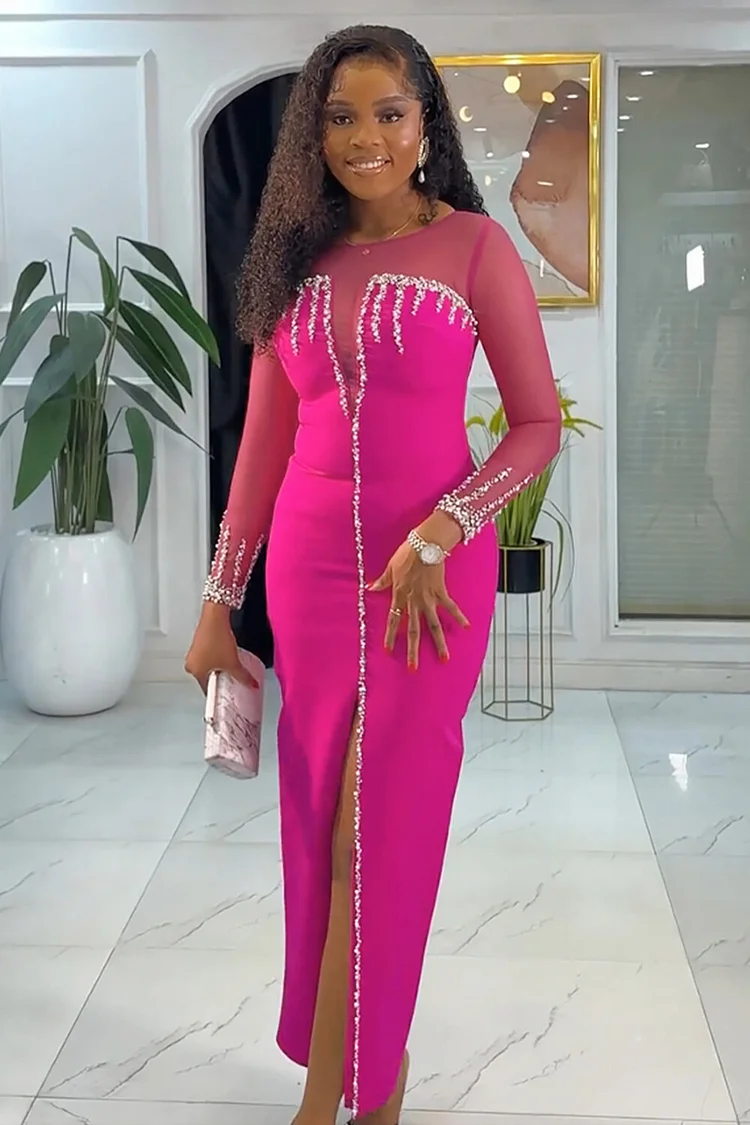 Mesh Patchwork Long Sleeve Rhinestone Decor Bodycon Slit Maxi Dresses-Pink