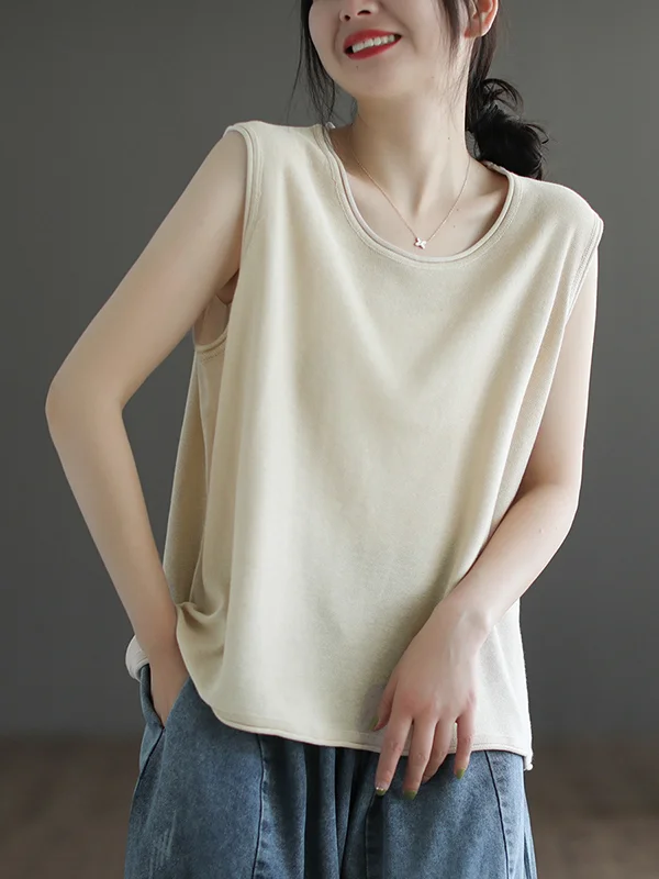 Solid Color Sleeveless Loose Round-neck Knitting Vest Top