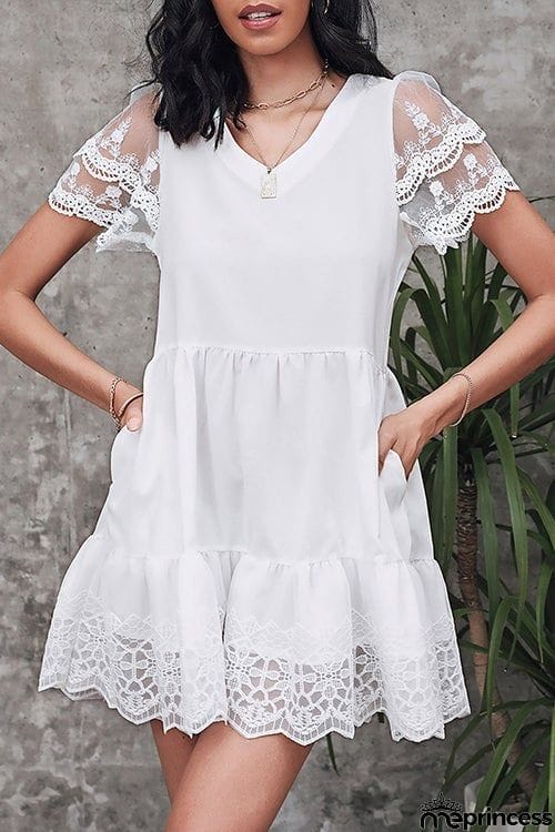 Lace V Neck Pockets Mini Dress