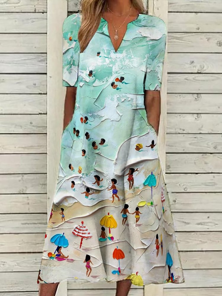 Women's Green Abstract Beach Tourist Print Short Sleeve Maxi Dress