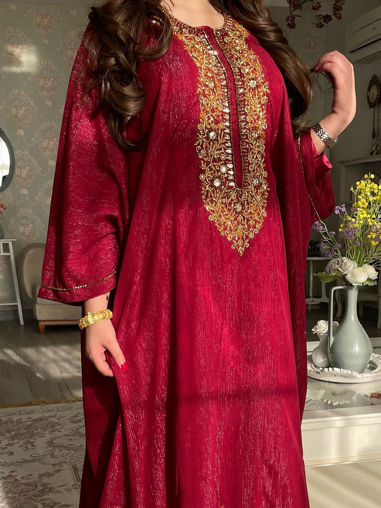 Crystals & Embroidery Round Neck Long Sleeve Dress