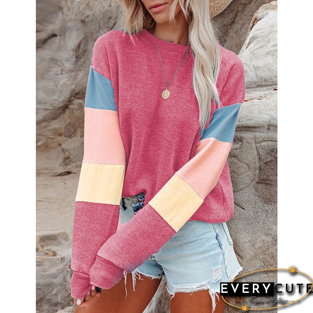 Pink Contrast Crew Neck Long Sleeve Sweatshirt
