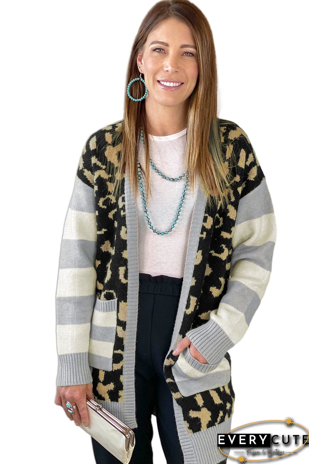 Leopard Print Cardigan with Striped Sleeve