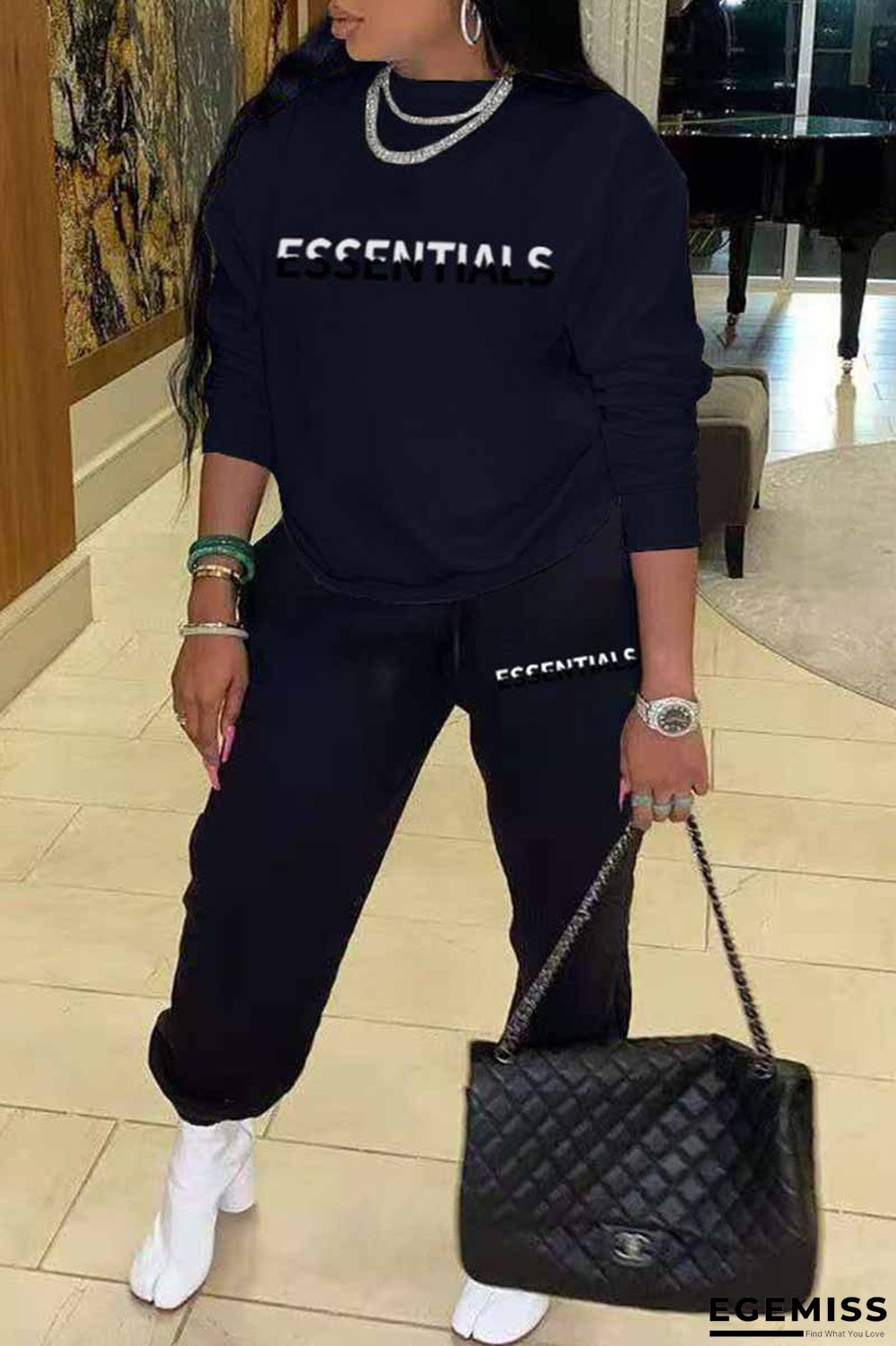 Black Casual Print Letter O Neck Long Sleeve Two Pieces | EGEMISS