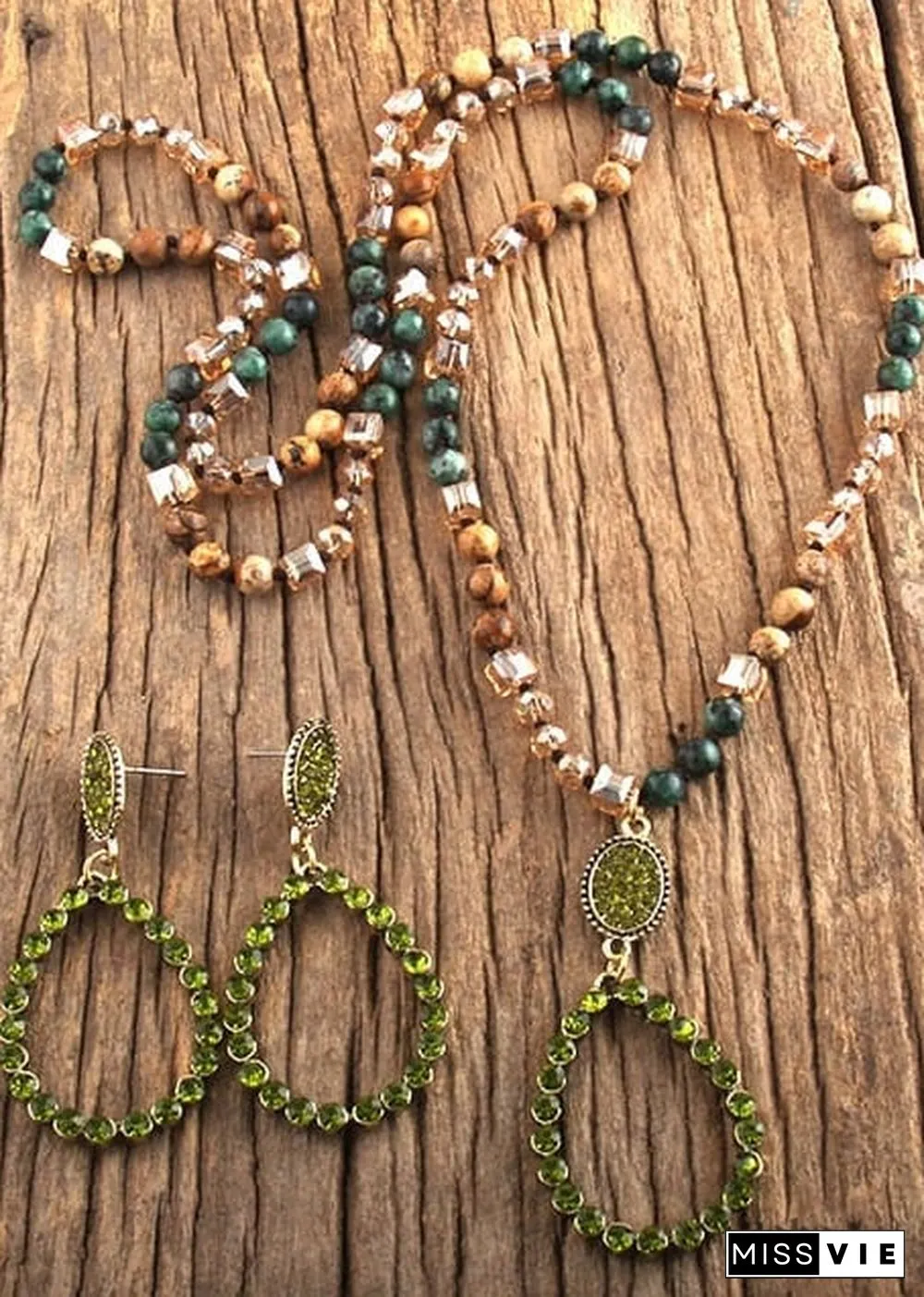 Boho Necklace, Jewelry Set, RH Amazonite Crystal Green Black Natural Stone